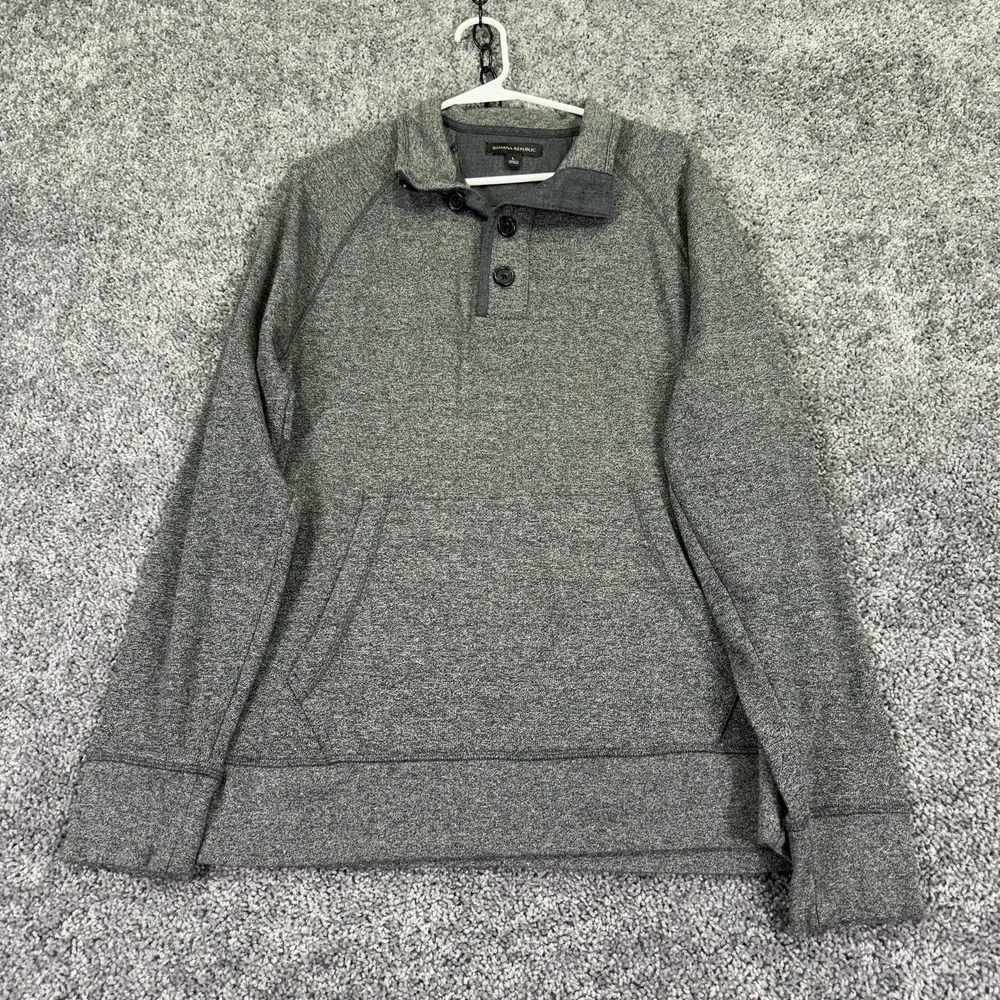 Banana Republic Sweatshirt Mens Large Gray Knit Henley Mock Neck Kangaroo Pocket